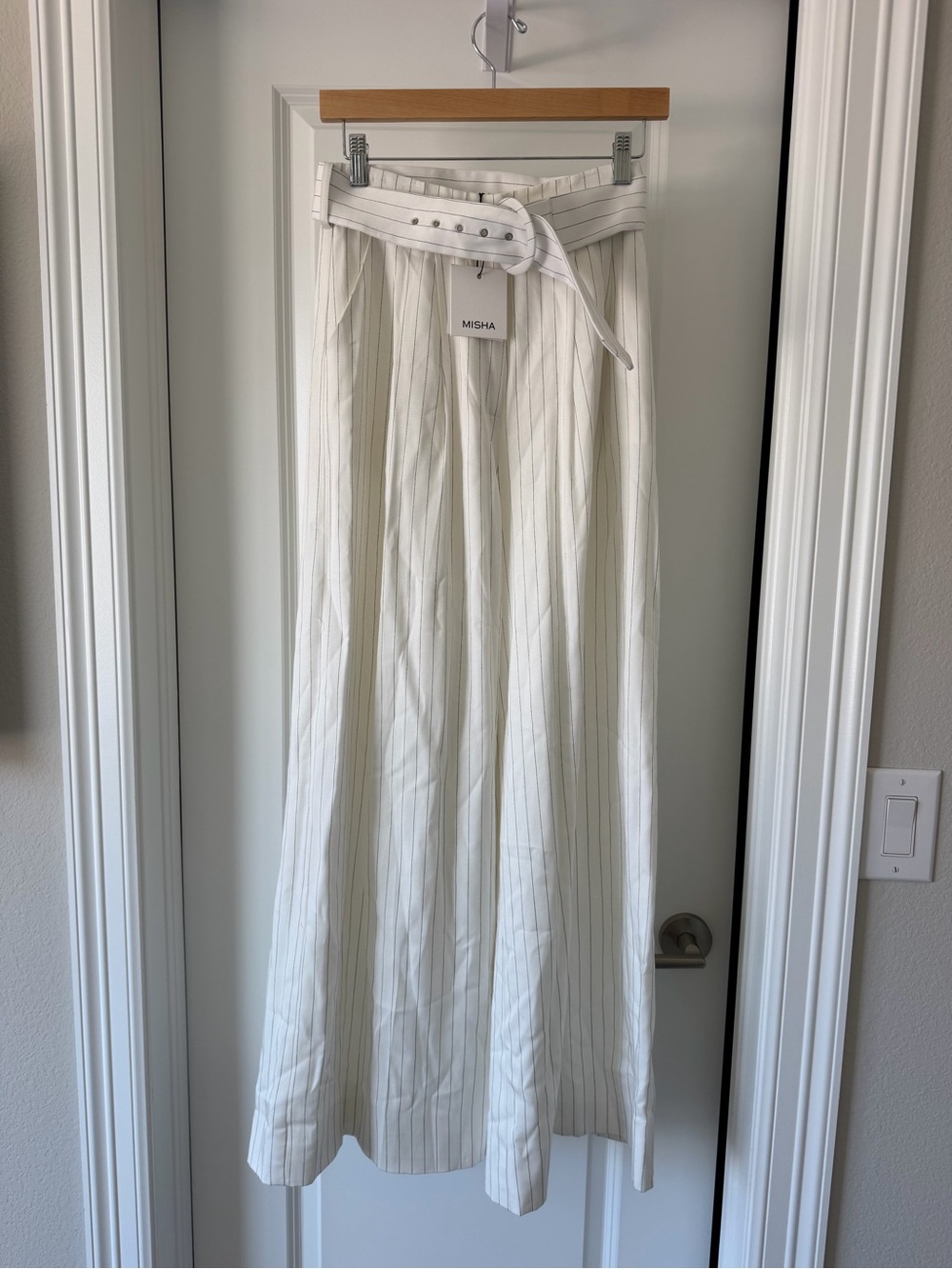 Misha White Pinstripe Wide Leg Pant with Belted Waist